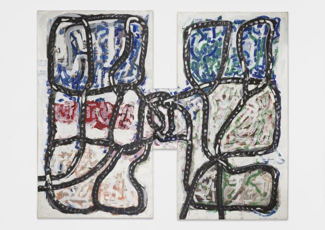 Jean Paul Riopelle, Serge et Gauguin jouent à la ficelle, 1971. Acrylique sur lithographies marouflées sur toile. 289 x 355 cm. Collection Premier Tech. © Succession Jean Paul Riopelle / CARCC 2023