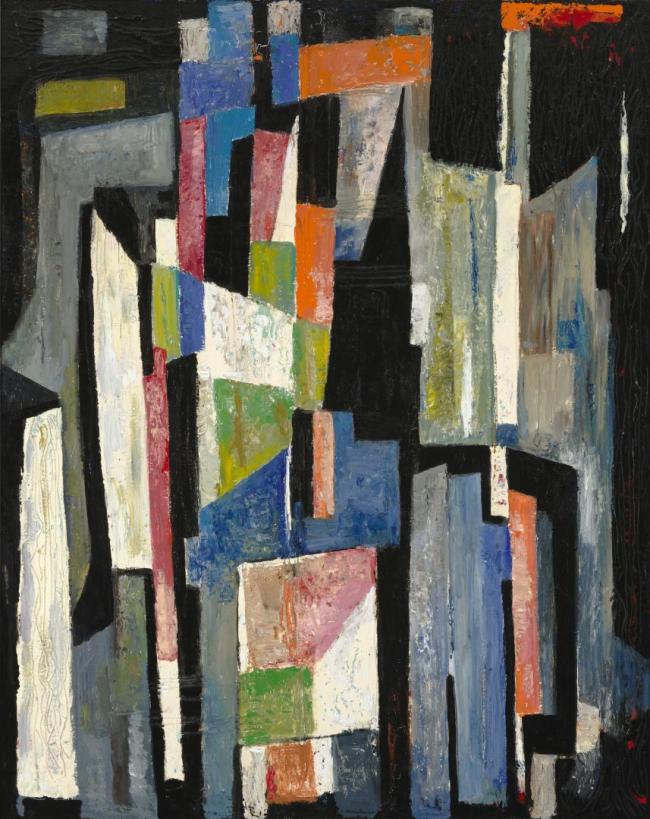 Fritz Brandtner, City, 1948, oil on canvas, 127 x 100.6 cm. Musée national des beaux-arts du Québec, purchase, 1984.40. © Estate of Fritz Brandtner Photo: MNBAQ, Idra Labrie