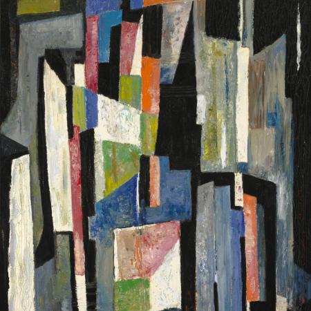 Fritz Brandtner, City, 1948, oil on canvas, 127 x 100.6 cm. Musée national des beaux-arts du Québec, purchase, 1984.40. © Estate of Fritz Brandtner Photo: MNBAQ, Idra Labrie